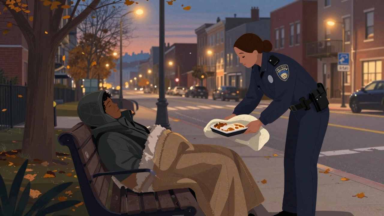 A homeless person rests peacefully on a park bench as a social worker offers food and blankets at dusk.