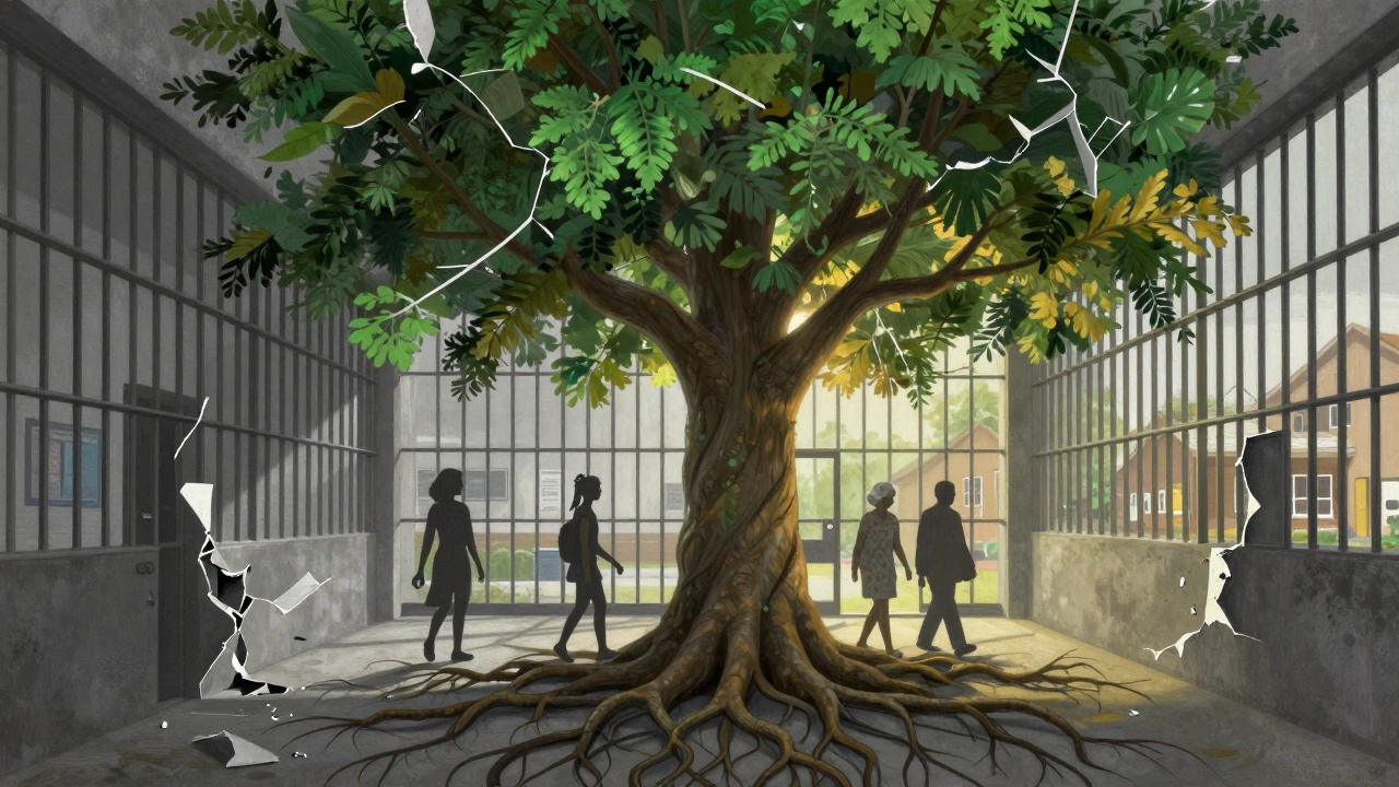 A tree grows through a broken prison cell, symbolizing healing and community restoration.
