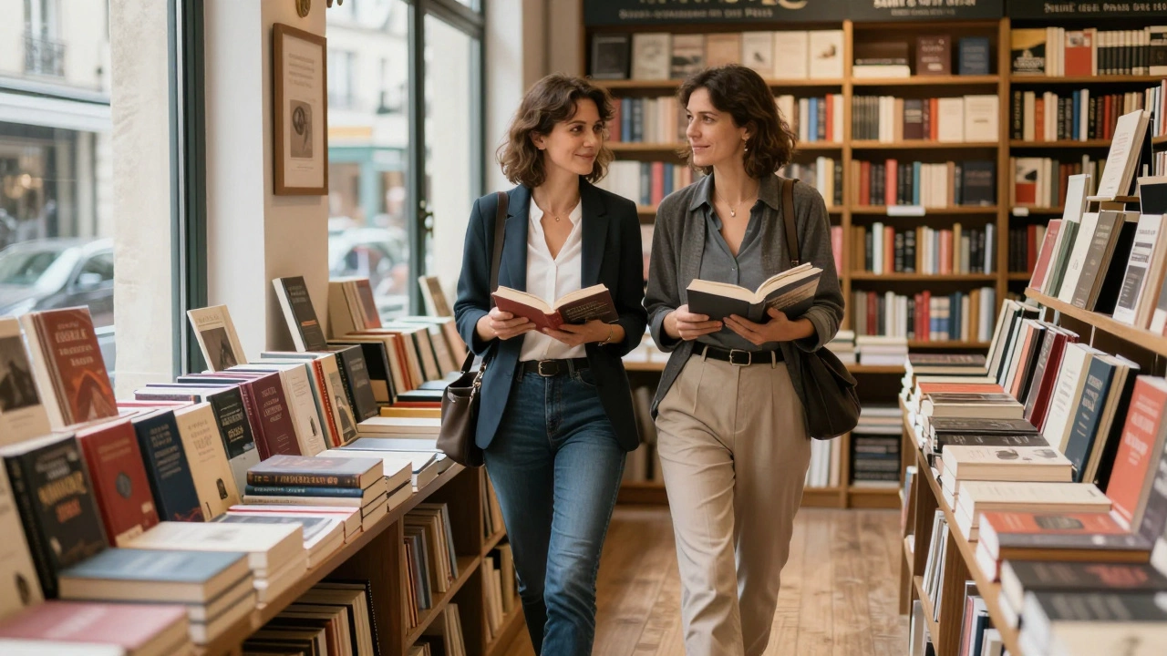 A woman and man browsing books together in a Parisian shop, sunlight filtering through windows.