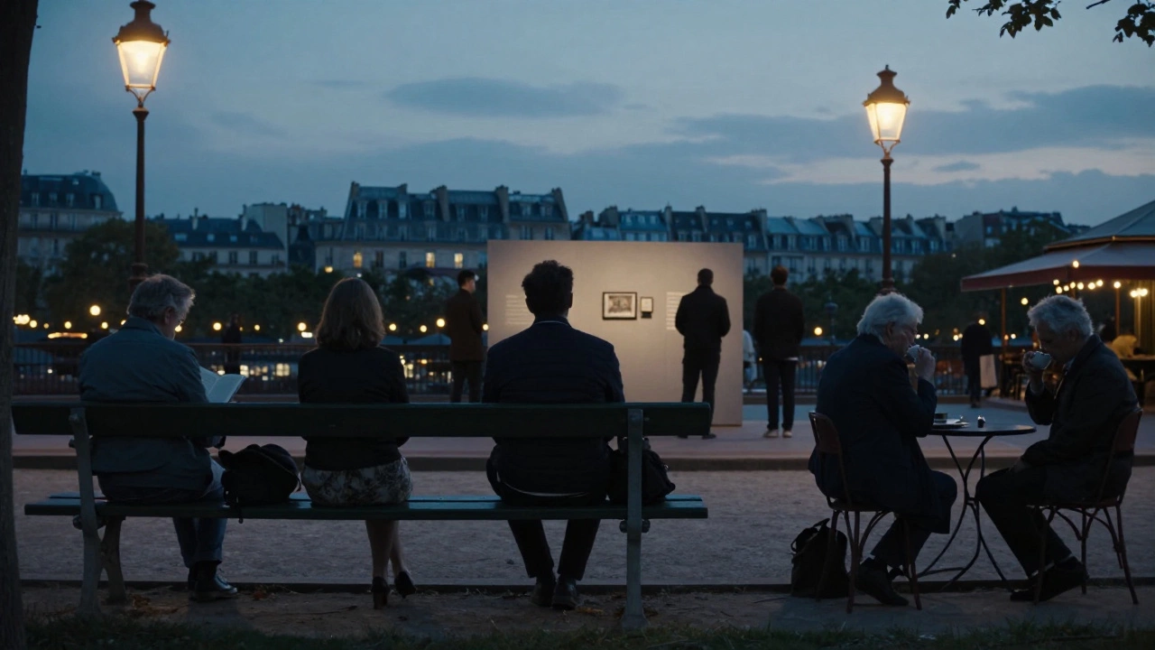 Silhouettes of individuals enjoying peaceful moments across Paris at dusk, each alone yet connected.